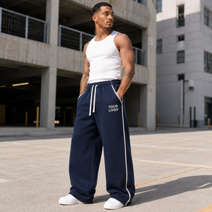 Most Selling <b>Men's</b> <b>Navy</b> Color Multipaneled Wide Leg Sweatpants Elastic Waist With Side Pockets Casual Cotton Fleece Fabric Pants - Product Image 4