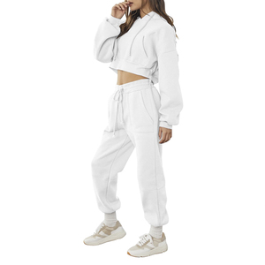 Women's <b>White</b> <b>2</b>-<b>Piece</b> Hooded Crop Top and Jogger <b>Set</b> Casual Loose Fit All Seasons Fleece Sweatshirt Pants Solid Color Sportswear - Product Image 1