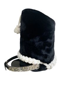 High Risk Black Faux Fur Bearskin Hat with White <b>Braided</b> Cord Plume and Tassels - Product Image 4