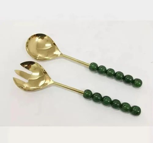 Ensemble de service à salade en métal plaqué or avec poignée en perles de résine verte, finition brillante, vaisselle de table, service alimentaire, serveur à salade - Product Image 2