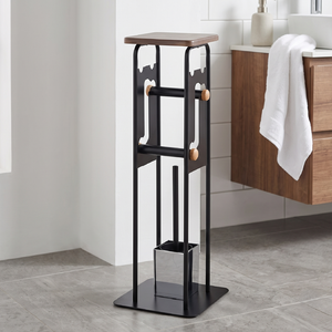 Porte-papier toilette moderne sur pied avec dessus en bois et design à niveaux pour salle de bain - Product Image 2