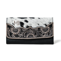   Portefeuille RFID en cuir de vachette à poils pour femme, style western bohème, pochette cowgirl
