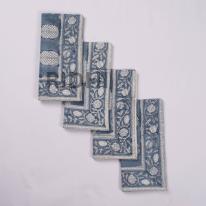 Serviettes en coton imprimées à la main motif feuilles bleues, réutilisables, pour dîner, mariage, hôtel et restaurant, vente en gros - Product Image 4