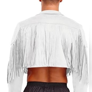 Top Quality <b>White</b> Genuine Leather Fringe <b>Jacket</b> for <b>Men</b> Western Cowboy Open Front Tassel Coat Festival Fashion Outerwear - Product Image 2