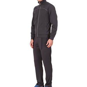Men's Dark Gray Full Zip <b>Tracksuit</b> Set Solid Color Sporty Style Quick Dry Polyester Long Sleeve Pants With Side Pockets - Product Image 3