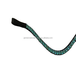 Bandeau de sourcils de cheval noir 100% en cuir véritable à vague profonde avec 1 rangée de grands cristaux ronds aqua bling, toutes tailles - Product Image 1