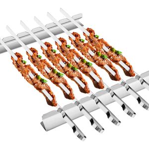 Set of 6 Stainless Steel Shish Kabob Skewers 17\" Long 0.35\" Wide with 2 Grill Racks and 1 Storage Case <b>BBQ</b> Accessories - Product Image 1