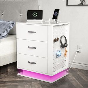 <b>White</b> Left Side 3-Drawer RGB LED Bedside Table Nightstand with Charging Station and USB <b>Ports</b> Dressers Product - Product Image 3