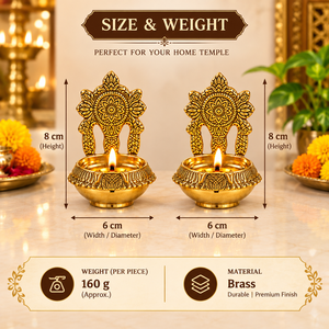 Set of 2 Handcrafted Engraved Brass Diya <b>Lamps</b> Traditional Carved Backrest <b>Oil</b> <b>Lamp</b> Indian Temple Puja <b>Oil</b> <b>Burner</b> Decor - Product Image 5
