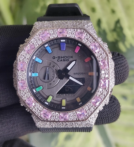 Reloj de Lujo Vintage de Acero Inoxidable con Índices Arcoíris, Bisel con Diamantes de Moissanita Rosa, Movimiento Mecánico, Joyería Hip Hop - Product Image 1