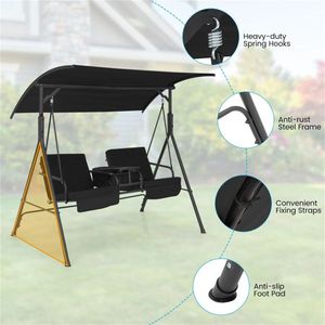 Dondolo da Giardino a 2 Posti Nero con Vassoio Girevole a 360 Gradi e Pratico Vano Portaoggetti in Metallo - Product Image 5