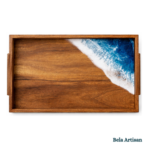 Bandeja de Servir Moderna Hecha a Mano de Madera de Acacia con Asas de Resina, Diseño Artístico de Río para Decoración de Diwali, Bodas, Ramadán, Cocina - Product Image 1