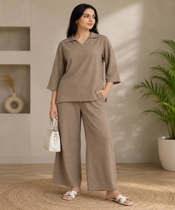 Women Cotton Kurta Palazzo Set Loose Fit Casual Wear India Pakistan Style Beige Color All Seasons 85212 FVD- KitkatTop-Plazoo - Product Image 1