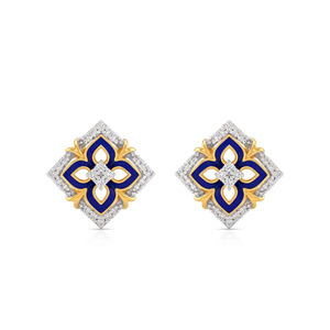 Golden <b>Blue</b> Enamel Floral Geometric Diamond <b>Stud</b> <b>Earrings</b> - Product Image 1