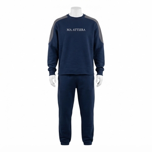 Men Navy Crewneck Sweatshirt <b>Jogger</b> Pants <b>Set</b> Contrast Shoulder Panels Casual Streetwear <b>Matching</b> Clothes - Product Image 3