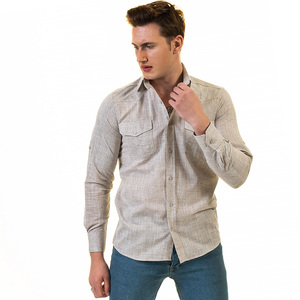 Chemise Habillée Homme Beige Style Safari Double Poche Tissu Respirant Manches Longues Lin/Coton Infroissable Séchage Rapide Printemps - Product Image 3