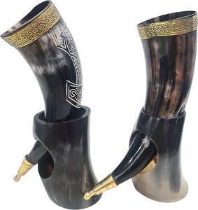 Corne à boire artisanale en cuir naturel, style Viking, tendance, avec support, importée d'Inde - Product Image 4