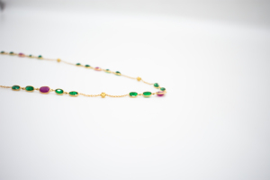 Natural <b>Ruby</b> and Emerald Station <b>Necklace</b> in Solid 18K Yellow Gold – Alternating Oval Bezel Set Red and Green Gemstone Chain - Product Image 3