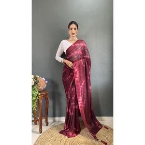 ผ้าชีฟองมัดย้อมพิมพ์ลายใส่ทำงานพร้อมที่จะใส่ Saree กับเสื้อ unstitched Maroon - Product Image 1