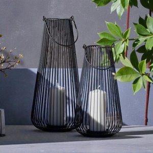Iron Candle <b>Lanterns</b> <b>Set</b> of 2 Black Wire Outdoor Home Decoration Durable Modern Design - Product Image 2