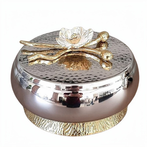 Texture martelée fleur Design brillant poli en acier inoxydable aluminium métal bol servant des aliments fruits maison hôtel avec couvercle bol - Product Image 1