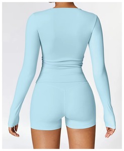 <b>Light</b> <b>Blue</b> <b>Long</b> <b>Sleeve</b> Ruched High Waist Seamless Yoga Shorts Set Crew Neck Full Length Solid Color 2 piece active wear - Product Image 5