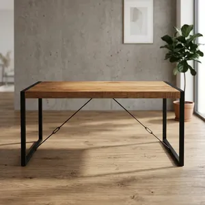 Table à manger rustique en bois avec structure en fer noir, pieds en métal industriels, mobilier de salle à manger moderne style ferme - Product Image 2