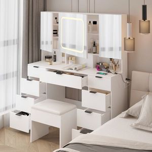 Large LED-Lit Vanity Table Set with 3 Opening <b>Mirrors</b> Full Storage Behind Dressing <b>Makeup</b> Table 3 Opening <b>Mirrors</b> LED Lights - Product Image 4