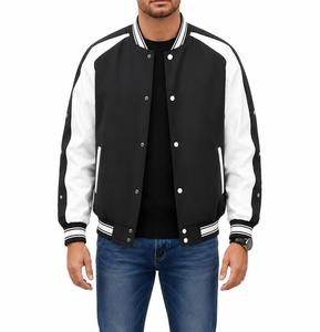 Chaqueta Varsity para Hombre en Blanco y Negro con Bloques de Color, Cierre de Botones, Estilo Casual para Otoño, Corte Regular, Cuello Alto, Transpirable - Product Image 1