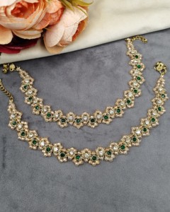 Paire de chevillères exquises en cristal perlé, finition or antique, bijoux de pied délicats pour mariage indien, Payal, ornés de pierres, vente en gros - Product Image 3