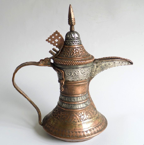 <b>Antique</b> style engraved brass coffee pot with a curved spout and handle, at wholesale prices, perfect for unique gifting. - Product Image 6
