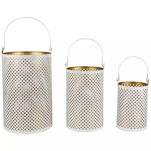 <b>Lantern</b> Set of 3 Metal Candle Holders <b>White</b> with Gold Cross Pattern Die Cutting Portable Home Decoration - Product Image 1
