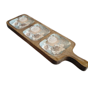 Plat à condiments en bois de manguier à 3 compartiments, imprimé et émaillé, pour l'hôtellerie, idéal pour les fruits secs et les noix - Product Image 5