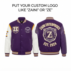 Veste universitaire haut de gamme en mélange de laine 350 GSM, manches en cuir violet et blanc, empiècements en tricot côtelé, logo brodé personnalisé, style streetwear - Product Image 1