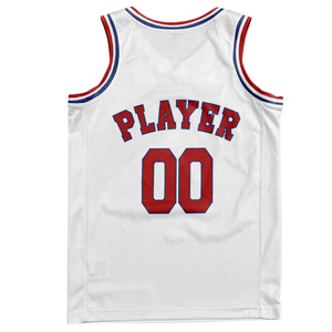 Conjunto de Uniforme de Baloncesto Retro Personalizado en Blanco con Cuello Rojo y Azul, Jersey y Pantalones Cortos a Juego, Nombre y Número del Equipo - Product Image 4