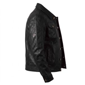 Chaqueta de Cuero Genuino Negra para Hombre, Estilo Moto Clásico, Cuello Camisero, Cierre de Botones, Corte Regular, Ropa de Otoño, Chaquetas para Hombre - Product Image 1