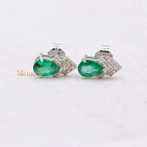 Wholesale 14k White Gold Natural Pear <b>Emerald</b> Geometric Diamond Cluster <b>Stud</b> Earrings Memoria Jewels - Product Image 3