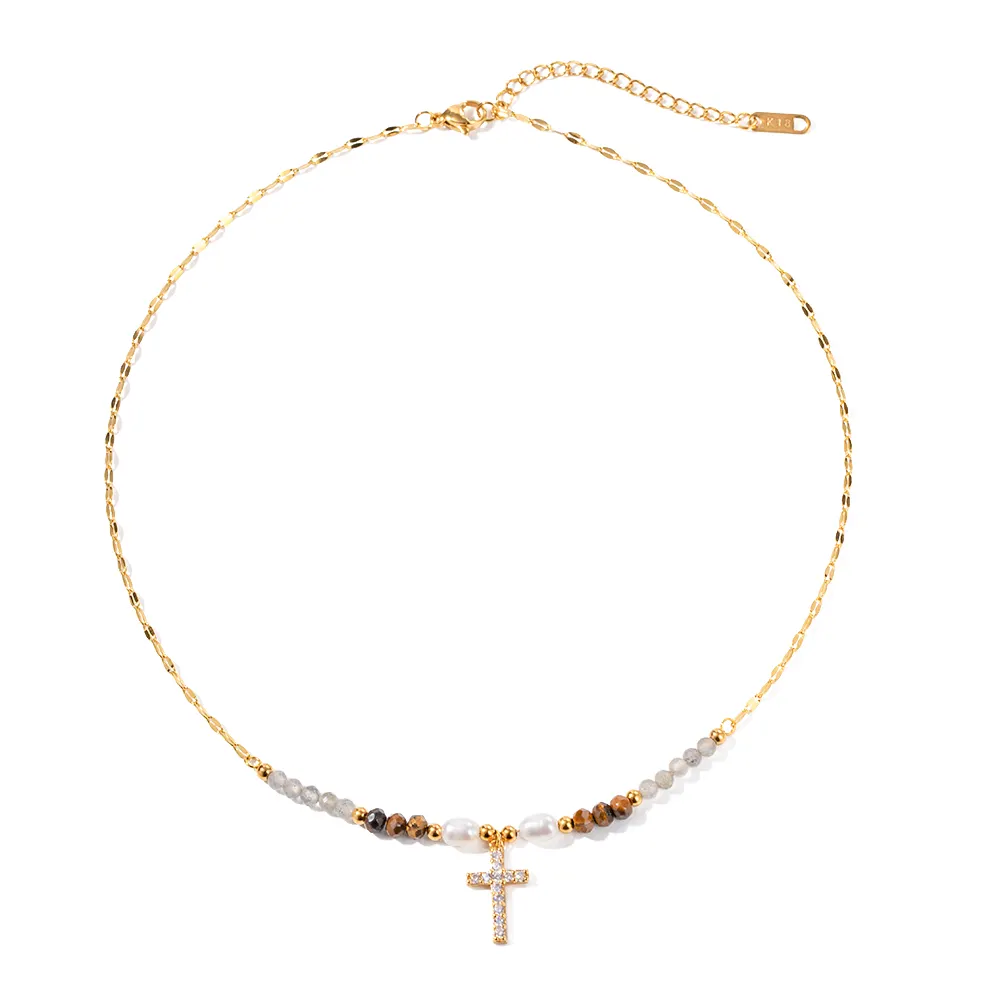 Ins Bohemian 18K Gold Plated Gemstone Fresh Water Pearl Zirconia Cross Beaded Pendant Necklace for Girls