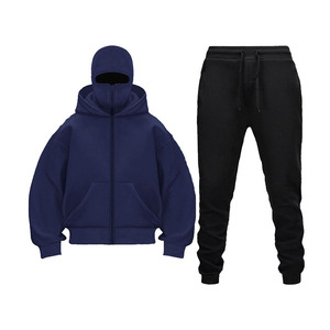 Conjunto Deportivo Personalizable para Hombre, Ligero, Informal, con Capucha, Pantalón Largo, Color Azul Bronceado Sólido, Cordón Ajustable, Bolsillos Laterales, Poliéster, Invierno - Product Image 3