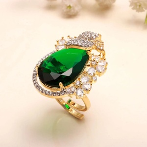 Gold Plated Emerald Green <b>CZ</b> <b>Ring</b> Floral Peacock Statement <b>Ring</b> White <b>CZ</b> Pear Round Stone <b>Ring</b> Adjustable - Product Image 2