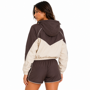 Women's Custom Logo Windbreaker Crop Top Sets Casual Two-Piece Sets Summer Wear with Hooded Collar and Long Tops men's <b>jackets</b> - Product Image 1