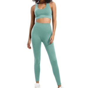 Ensemble de yoga pour femmes, couleur unie, haut court sans couture, leggings taille haute longueur intégrale, dos nageur sans manches, en Spandex et Polyester, 2 pièces - Product Image 2
