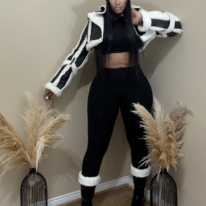 Veste de moto courte en cuir PU pour femme, style streetwear patchwork avec fourrure, style bomber court, manteau à manches longues - Product Image 3