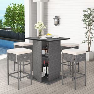 Tavolo da Bar in vimini da esterno bianco con scaffali nascosti collezione di mobili da giardino da 5 pezzi - Product Image 6