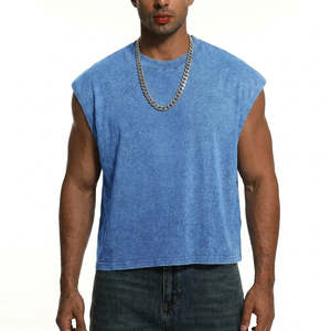 Camiseta sin mangas prémium de algodón de 180 g/m² de alto gramaje, transpirable, con lavado ácido, azul cielo vintage, lavado mineral, corte holgado, estilo streetwear - Product Image 4