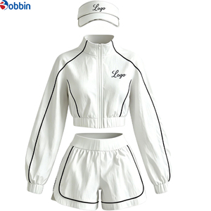 Custom Women's Spring/Summer 3-Piece Set Striped Zipper Sporty-Casual Sun-Protective Top Elastic-Waist Shorts & Sun <b>Hat</b> Outfits - Product Image 2