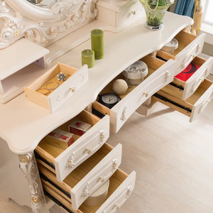 Tocador de madera de caoba de estilo europeo clásico con espejo, acabado blanco, tocador de lujo con 7 cajones, muebles de dormitorio - Product Image 4
