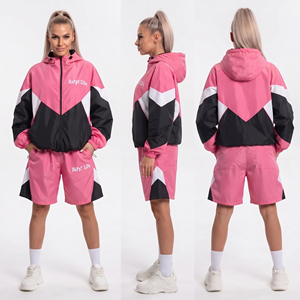 Ensemble de survêtement pour femmes, rose, noir, blanc, couleur contrastée, à capuche, fermeture éclair, coupe-vent, short, léger, sportif, décontracté, deux pièces - Product Image 5