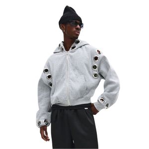 Sweat à capuche zippé pour homme, tricoté, respirant, personnalisé, de haute qualité, style vintage, coupe ample et carrée, avec œillets métalliques et empiècements - Product Image 1