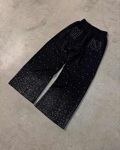 Custom Rhinestone Rhinestones Black Men Joggers Full Print Diamond Wide Leg Sweatpants Zipper Pockets <b>Y2K</b> Streetwear Track <b>Pants</b> - Product Image 3